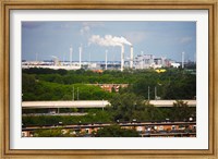 Framed Smoke Stacks and Windmills at Power Station, Netherlands