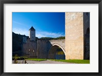Framed Medieval bridge across a river, Pont Valentre, Lot River, Cahors, Lot, Midi-Pyrenees, France