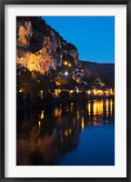Framed Buildings lit up at evening, Dordogne River, La Roque-Gageac, Dordogne, Aquitaine, France