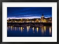 Framed Buildings at the waterfront lit up at dusk, Old Port, La Rochelle, Charente-Maritime, Poitou-Charentes, France