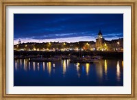 Framed Buildings at the waterfront lit up at dusk, Old Port, La Rochelle, Charente-Maritime, Poitou-Charentes, France