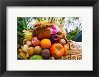 Framed Basket of fruits and bakery items being offered at temple on holy day, Tiga, Susut, Bali, Indonesia