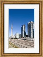 Framed Skyscrapers and Railway yard with CN Tower in the background, Toronto, Ontario, Canada 2013