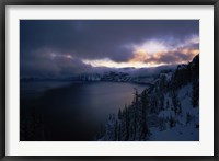 Framed Crater Lake at sunrise, South Rim, Crater Lake National Park, Oregon, USA