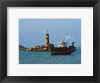 Framed Fishing trawler in front of a lighthouse at Port Saint-Sauveur, Ile Grande, Cotes-d'Armor, Brittany, France