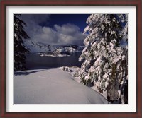 Framed Crater Lake in winter, Wizard Island, Crater Lake National Park, Oregon, USA