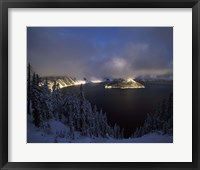 Framed Wizard Island at Crater Lake in winter, Crater Lake National Park, Oregon, USA