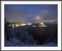 Framed Wizard Island at Crater Lake in winter, Crater Lake National Park, Oregon, USA
