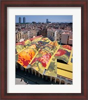 Framed High angle view of Santa Caterina Market with cityscape in the background, Barcelona, Catalonia, Spain