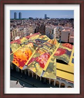 Framed High angle view of Santa Caterina Market with cityscape in the background, Barcelona, Catalonia, Spain