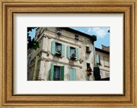 Framed View of an old building with flower pots on each window, Rue Des Arenes, Arles, Provence-Alpes-Cote d'Azur, France