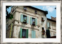 Framed View of an old building with flower pots on each window, Rue Des Arenes, Arles, Provence-Alpes-Cote d'Azur, France