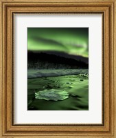 Framed Aurora Borealis reflects off the Tennevik River, Troms County, Norway