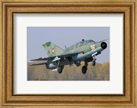Framed Bulgarian Air Force MiG-21UM jet fighter taking off