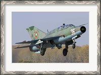 Framed Bulgarian Air Force MiG-21UM jet fighter taking off