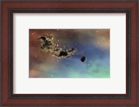 Framed lonely planet is lit by two stars as it passes by a dark cloud of dust