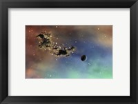 Framed lonely planet is lit by two stars as it passes by a dark cloud of dust