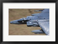 Framed Front section of a Royal Air Force Harrier GR9 flying low over North Wales