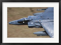 Framed Front section of a Royal Air Force Harrier GR9 flying low over North Wales