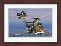 Framed Eurocopter AS532 Cougar helicopters in flight over Bulgaria