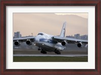 Framed Antonov An-124 aircraft taking off from Sofia Airport, Bulgaria