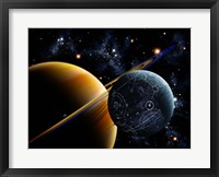 Framed Two artificial moons travelling around a gas giant devouring the natural moons