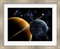 Framed Two artificial moons travelling around a gas giant devouring the natural moons