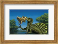 Framed Spinosaurus dinosaur fishing Mawsonias in a mangrove