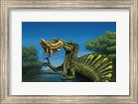 Framed Spinosaurus dinosaur fishing Mawsonias in a mangrove