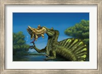 Framed Spinosaurus dinosaur fishing Mawsonias in a mangrove