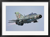 Framed Bulgarian Air Force MiG-21UM in flight over Bulgaria