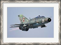 Framed Bulgarian Air Force MiG-21UM in flight over Bulgaria