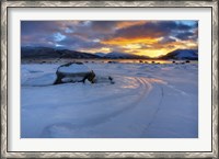 Framed winter sunset over Tjeldsundet at Evenskjer, Troms County, Norway