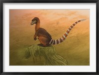 Framed Sinosauropteryx dinosaur resting on a log