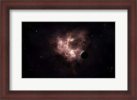 Framed emission nebula is viewed from nearby an inhabited system