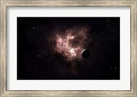 Framed emission nebula is viewed from nearby an inhabited system
