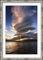 Framed massive stacked lenticular cloud over Tjedsundet in Troms County, Norway