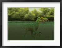 Framed Baryonyx escapes swimming from a brawl with a Hypsilophodon in his mouth