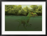 Framed Baryonyx escapes swimming from a brawl with a Hypsilophodon in his mouth