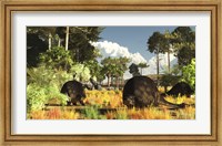 Framed Prehistoric glyptodonts graze on grassy plains