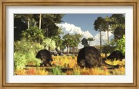 Framed Prehistoric glyptodonts graze on grassy plains