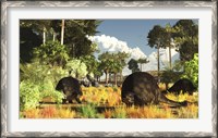 Framed Prehistoric glyptodonts graze on grassy plains