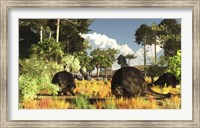 Framed Prehistoric glyptodonts graze on grassy plains