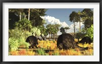 Framed Prehistoric glyptodonts graze on grassy plains