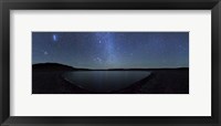 Framed panoramic view of the Milky Way and La Azul lagoon in Somuncura, Argentina