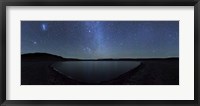 Framed panoramic view of the Milky Way and La Azul lagoon in Somuncura, Argentina