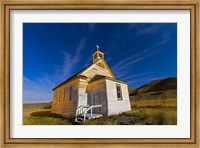 Framed old pioneer church in Dorothy, Alberta, Canada, on a starry night