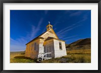 Framed old pioneer church in Dorothy, Alberta, Canada, on a starry night