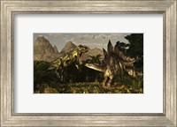 Framed large carnivorous Torvosaurus preying on a Stegosaurus