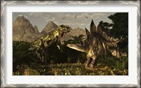 Framed large carnivorous Torvosaurus preying on a Stegosaurus